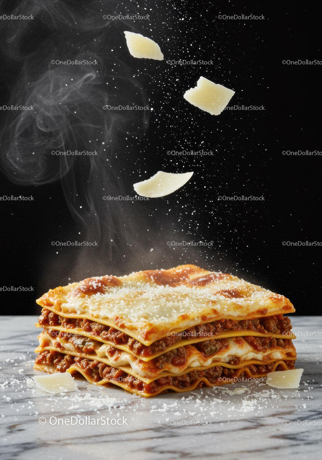 Classic layered lasagna sprinkled with parmesan cheese