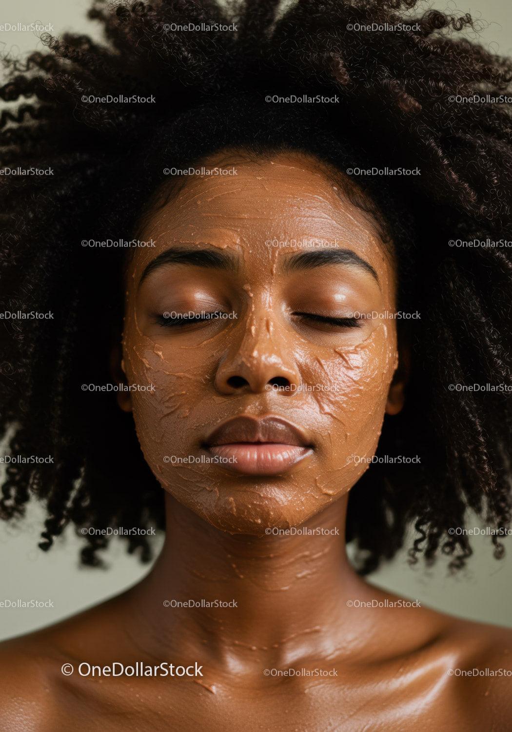 Close-up of a woman with a facial mask and natural hair