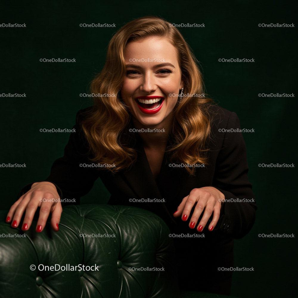 Confident Smiling Woman in Stylish Attire Sitting on Leather Sofa Stock Photo Bundle preview 16