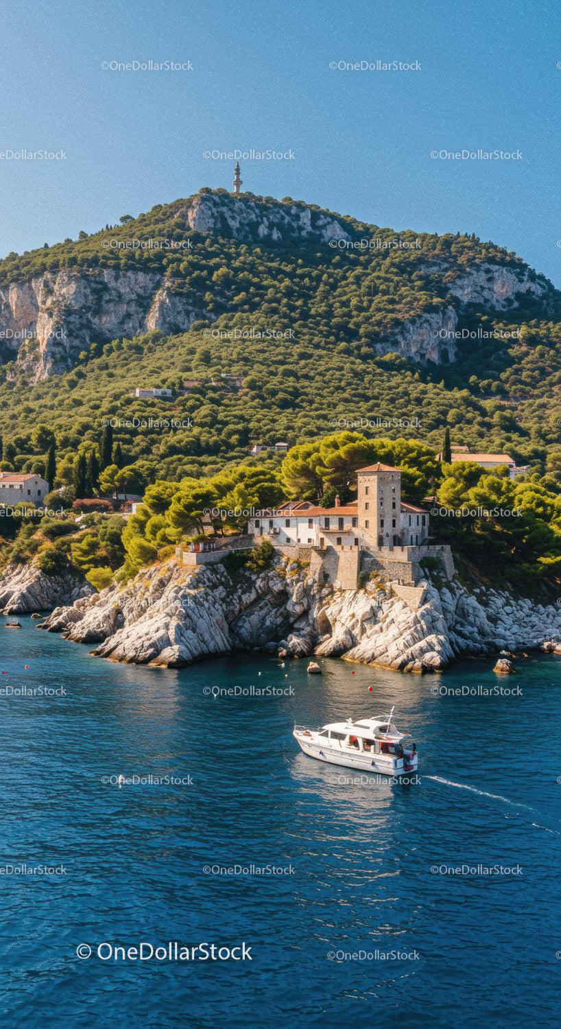 Mediterranean Coastal Landscape with Rocky Cliffs and Yacht