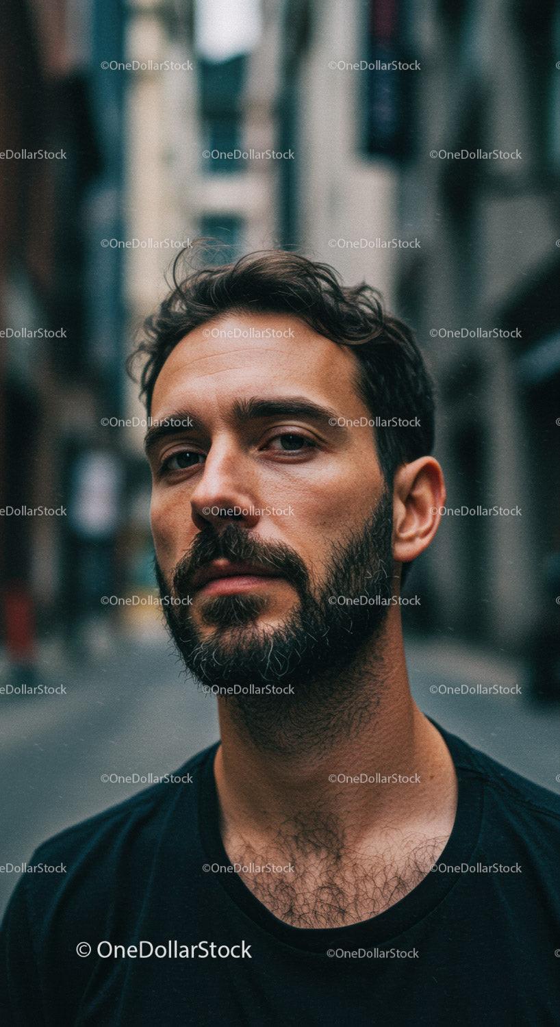Thoughtful bearded man standing in urban street