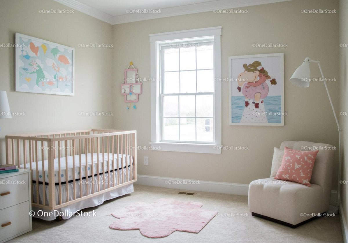 Bright Nursery Room with Baby Crib and Playful Wall Art in Soft Pastels