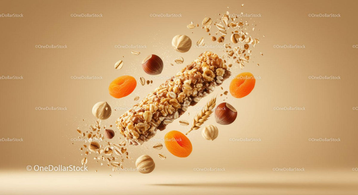 Nut and dried apricot cereal bar with oats flying