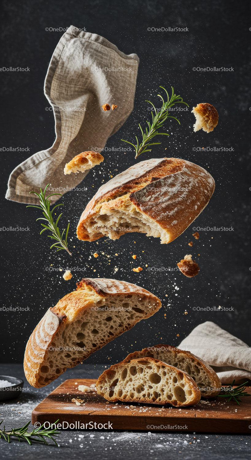 Fresh rustic sourdough bread pieces with rosemary herbs