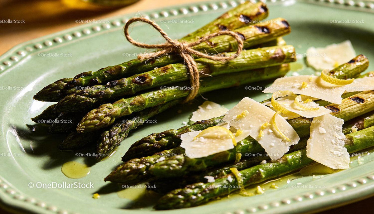 Grilled asparagus bundles with shaved Parmesan cheese