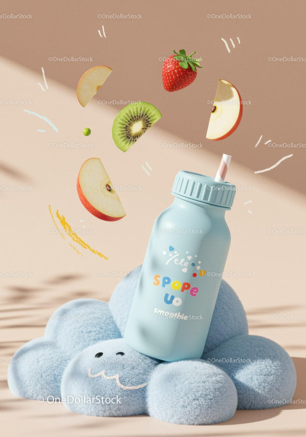 Smoothie bottle on plush cloud with flying fruit slices