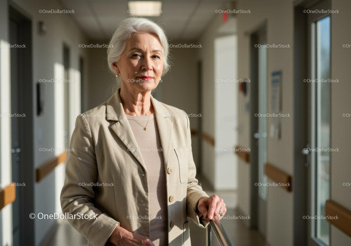 Senior Woman in Hospital Corridor with Confident Expression