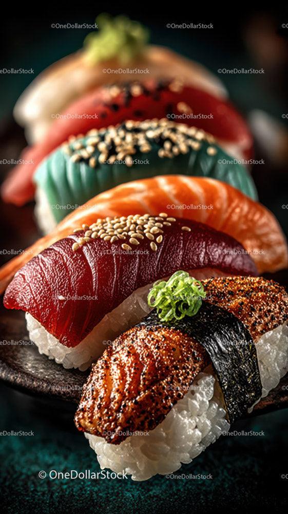 Colorful Sushi Platter with Salmon Tuna Eel and Vegetables Stock Photo Bundle preview 18