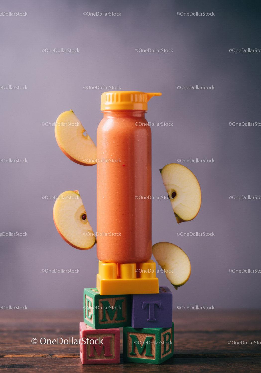 Fresh orange smoothie with apple slices on wooden blocks JPG Mockup Image preview