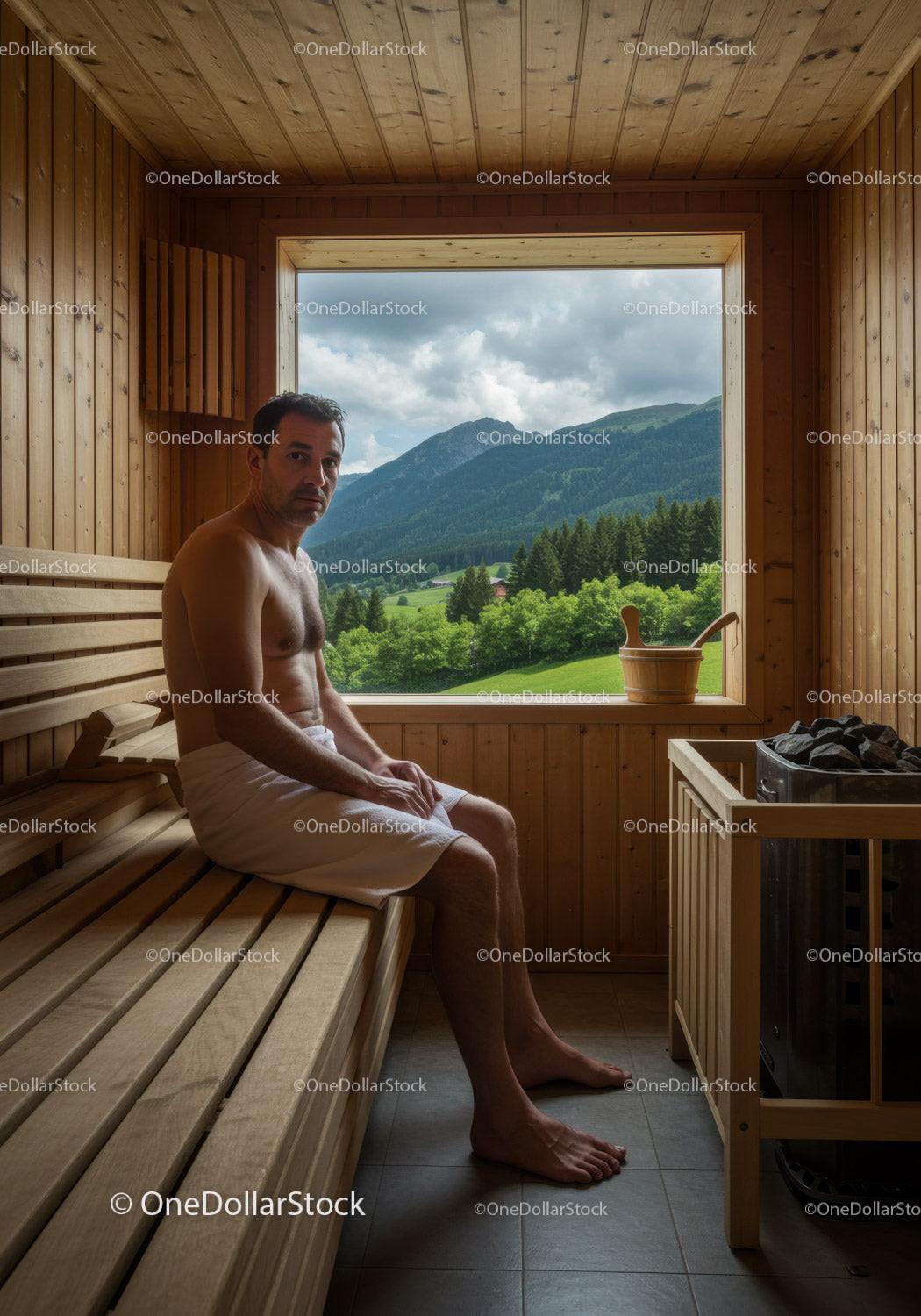 Man Sitting in Wooden Sauna with Scenic Mountain View