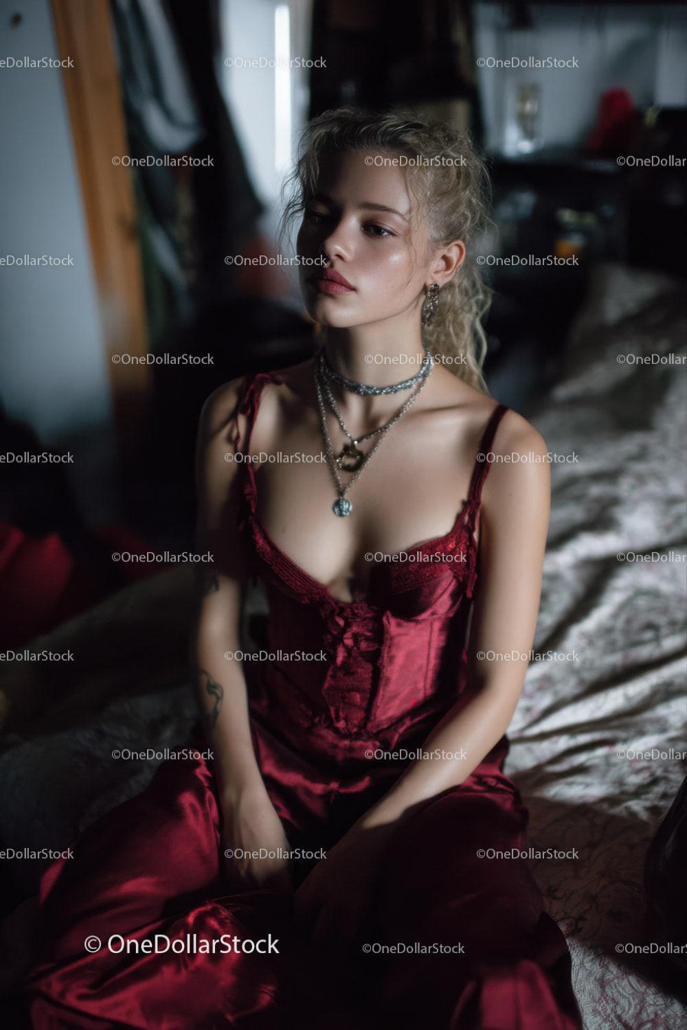 Elegant Young Woman in Red Satin Dress with Jewelry Indoor Portrait