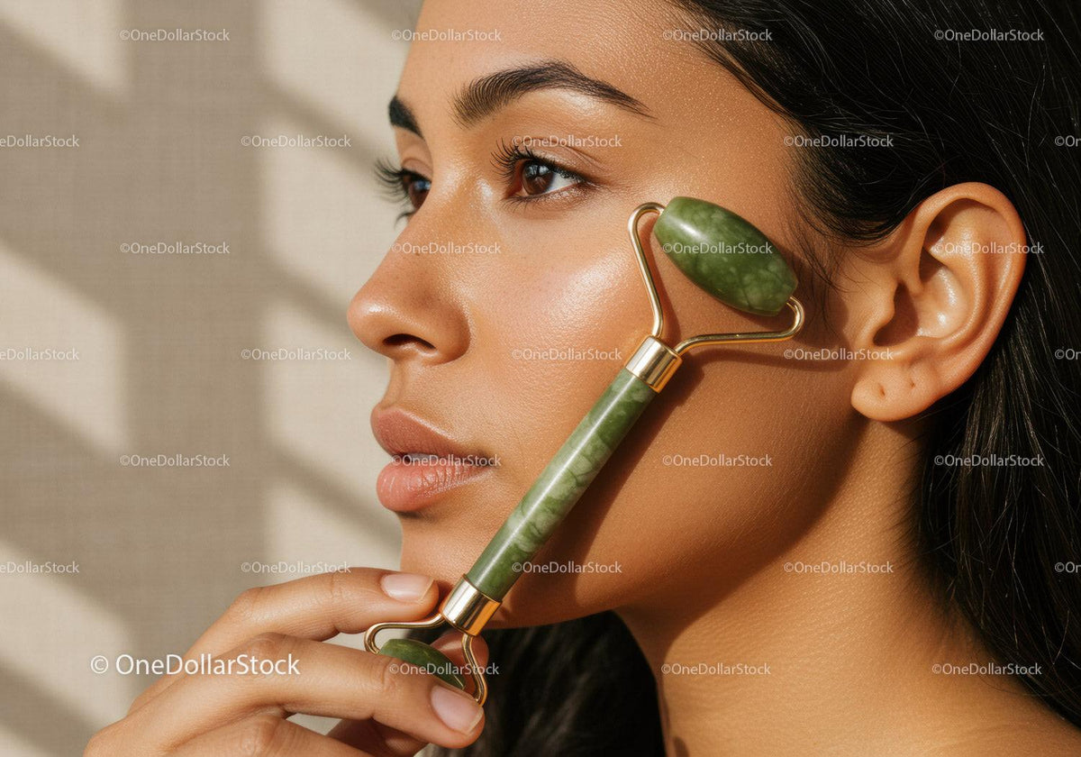 Close-up of Woman Using Jade Roller for Facial Skincare