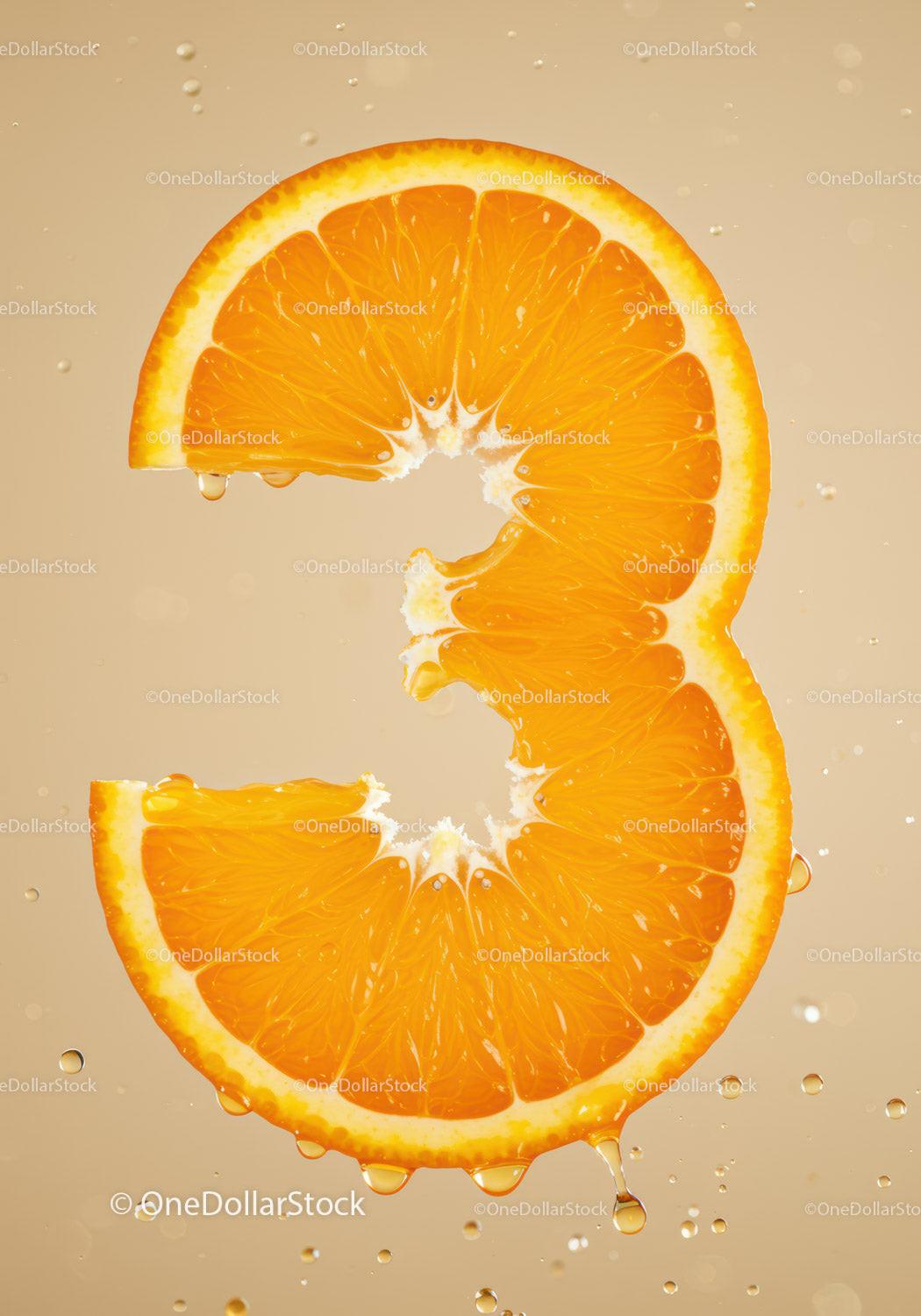 Orange Slice Shaped Like Number Three With Water Droplets