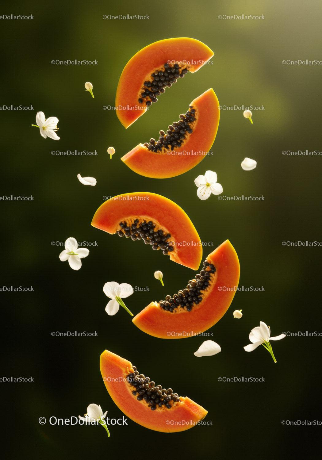 Fresh papaya slices floating with white flowers