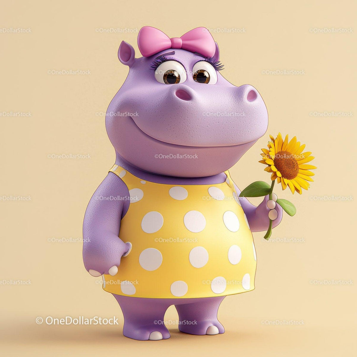 Purple hippo cartoon in yellow polka dot dress holding sunflower