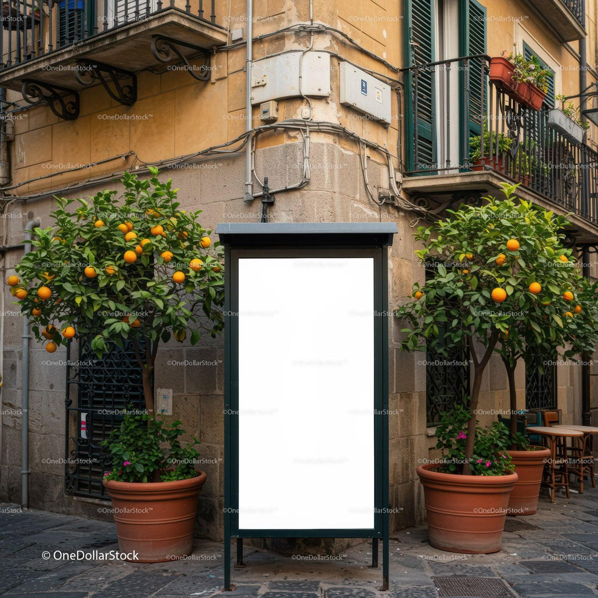 Blank urban billboard between citrus trees on street corner JPG Mockup Image preview