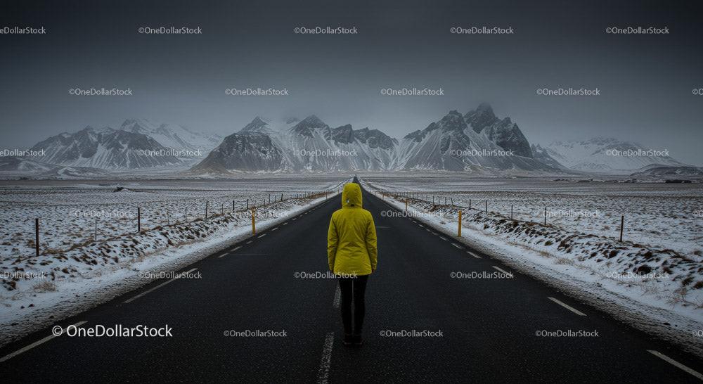 Lonely Traveler in Yellow Jacket on Snow-Covered Road Stock Photo Bundle preview 10