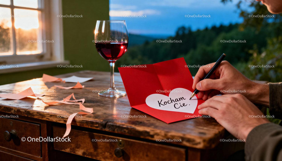 Writing heartfelt love note with glass of wine at sunset
