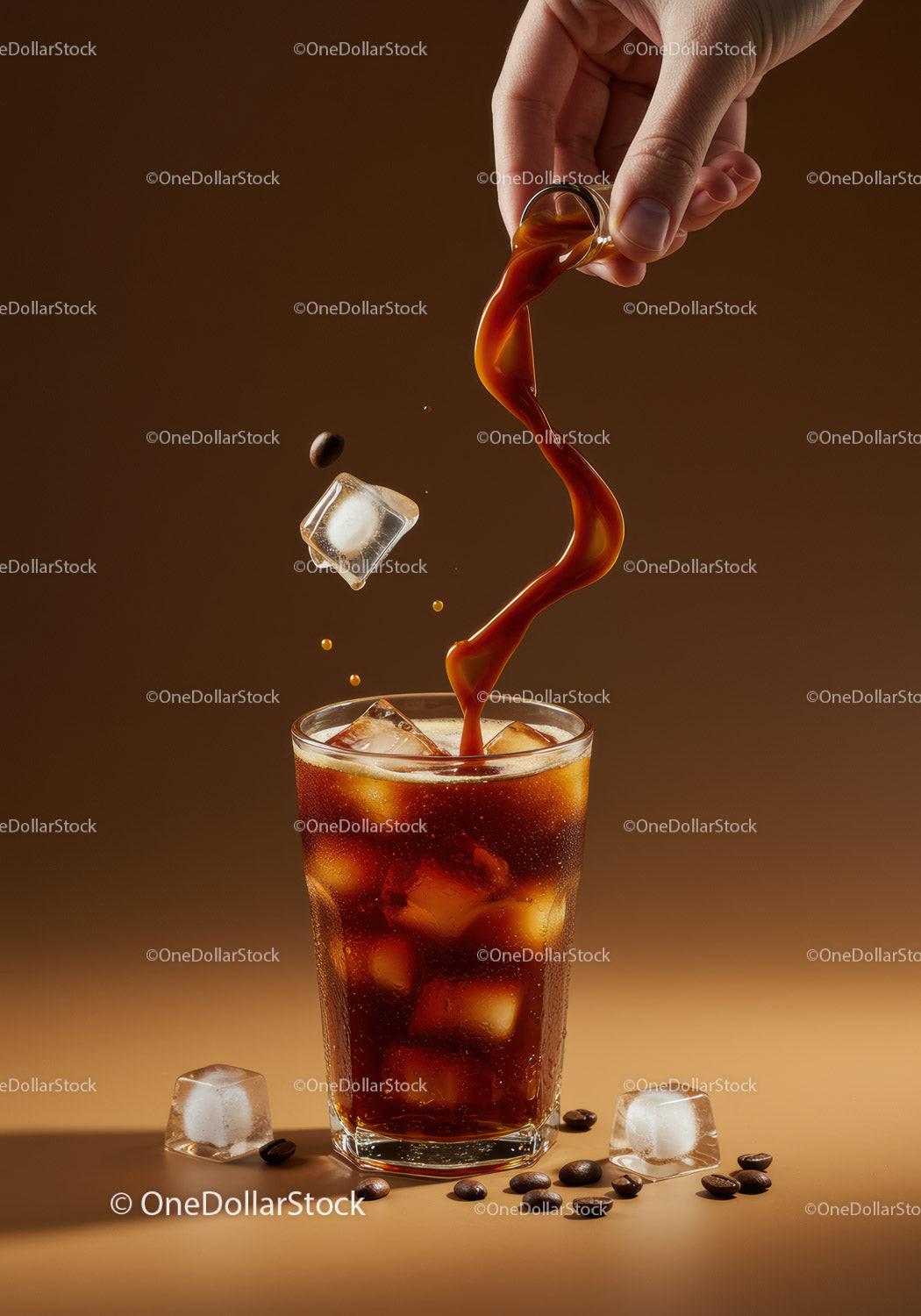Pouring Cold Brew Coffee Over Ice in Clear Glass