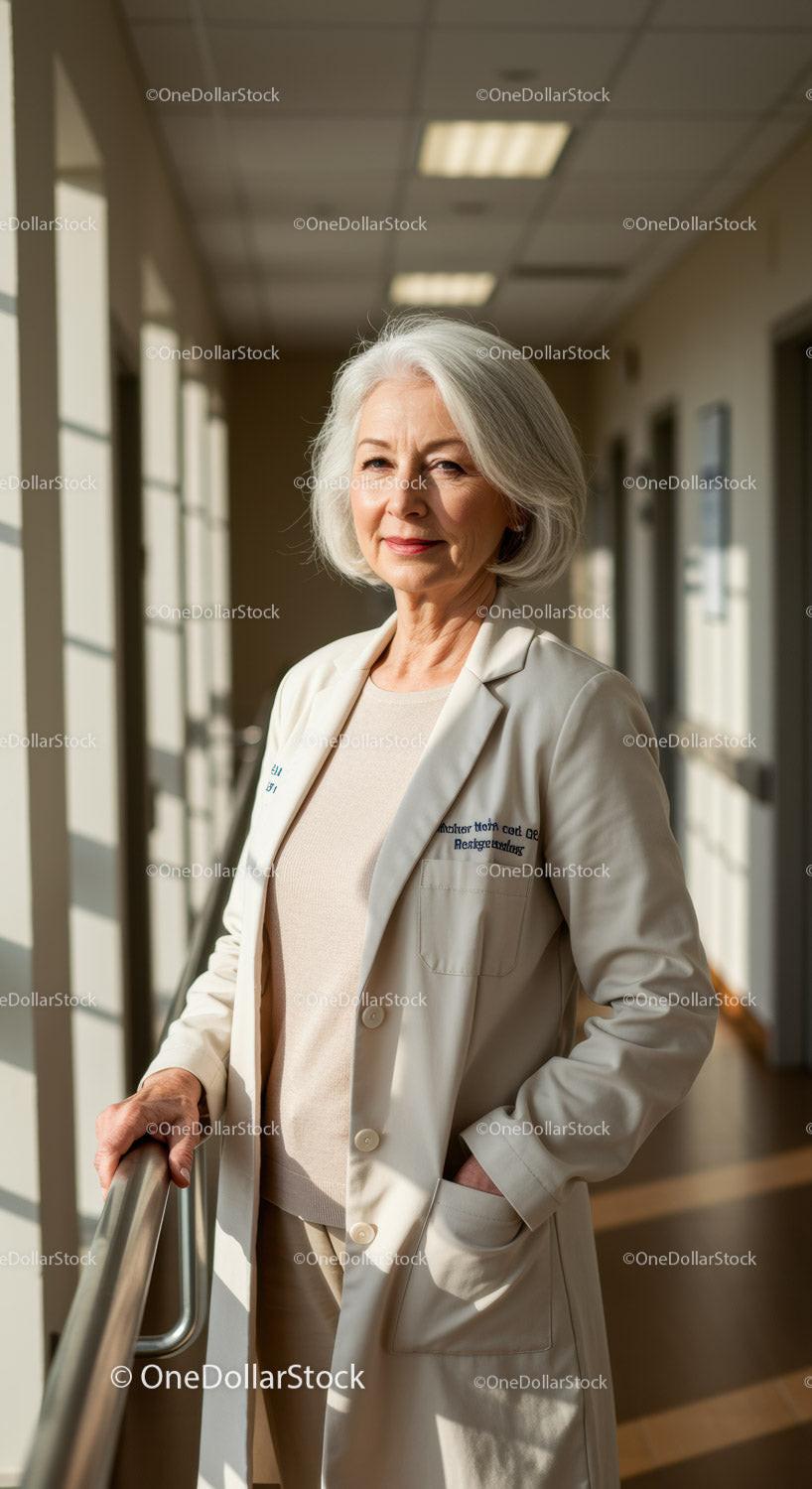 Elegant Senior Woman Doctor in Hospital Corridor with Confident Pose