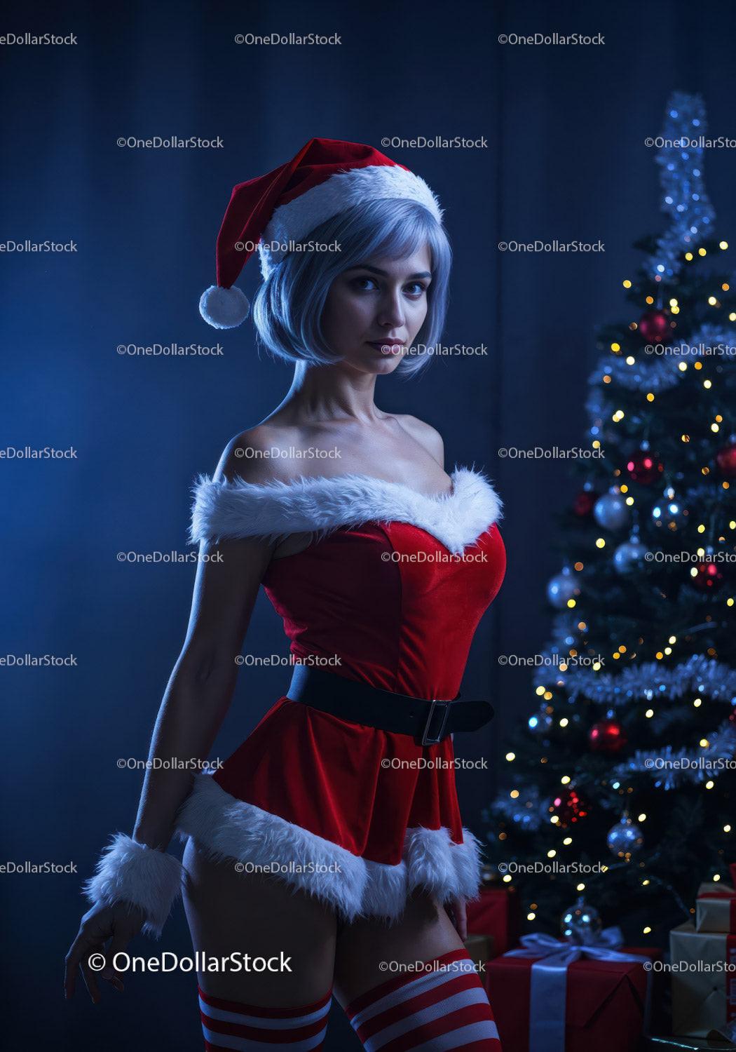 Woman in festive Santa outfit near decorated Christmas tree