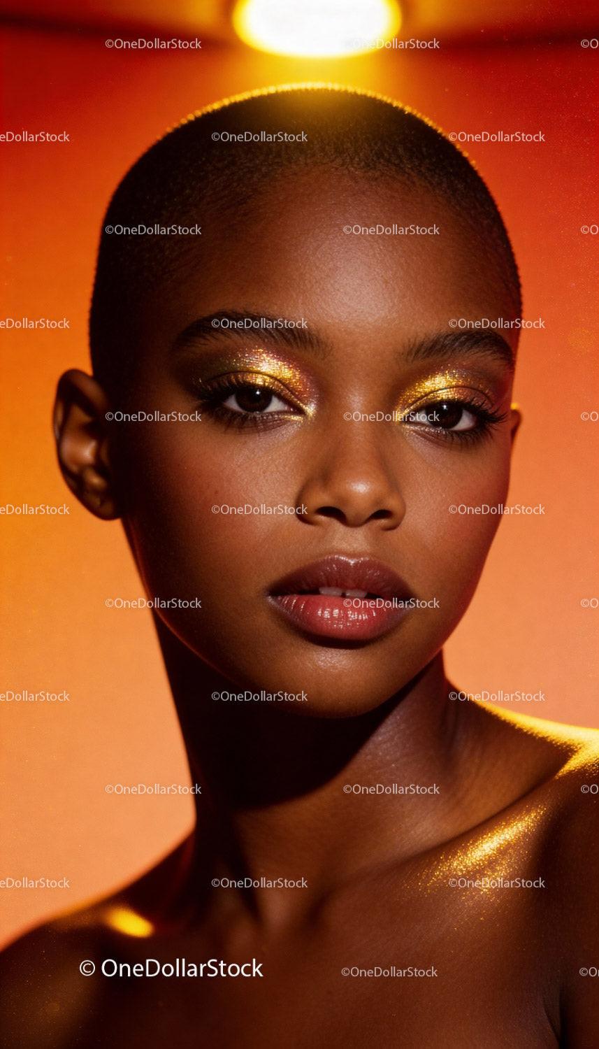 Close up of woman with golden shimmer makeup and glowing skin