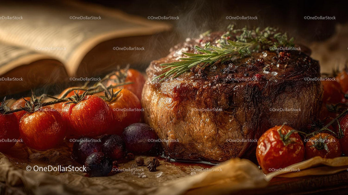 Juicy grilled steak with cherry tomatoes and herbs in rustic style