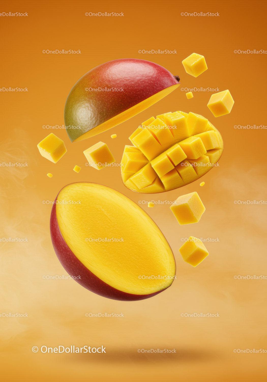 Fresh mango slices and cubes floating on orange background