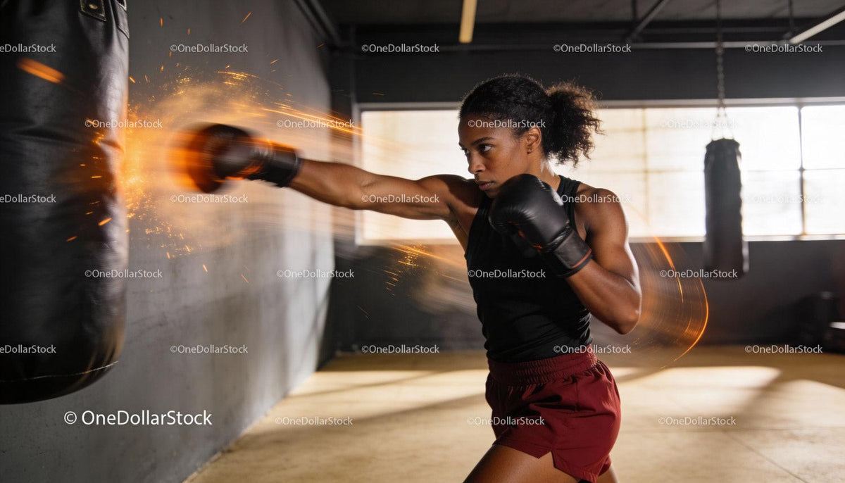 Focused female boxer training with punching bag indoors
