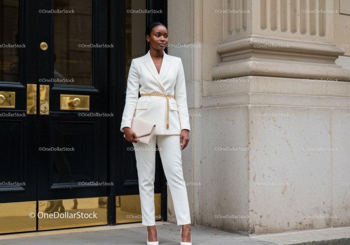 Confident businesswoman near elegant building entrance