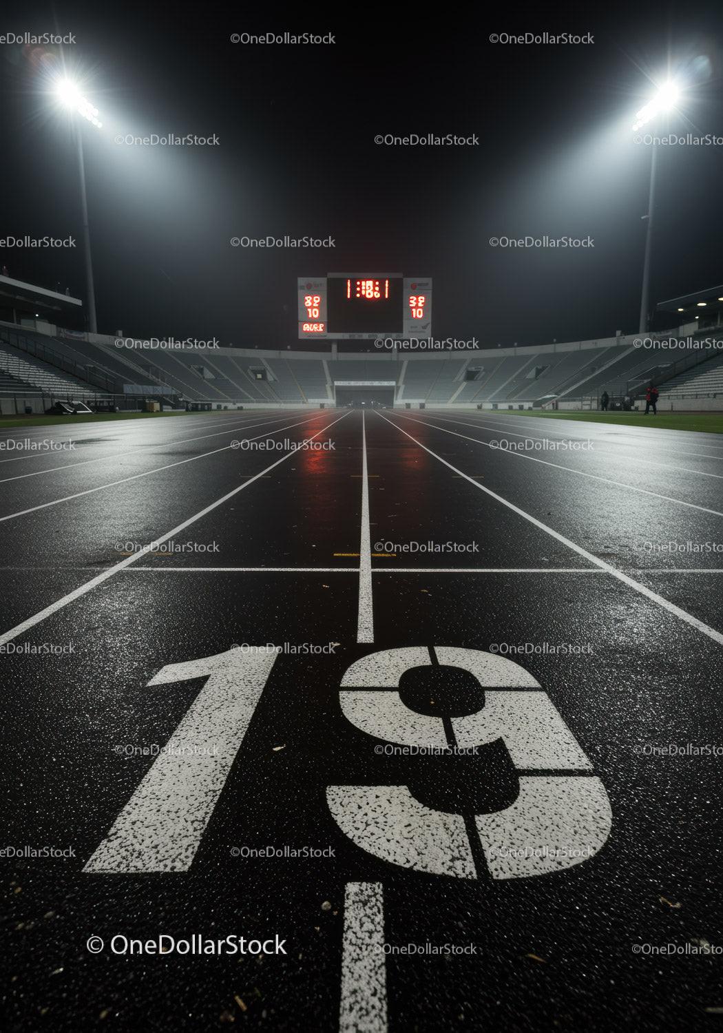 Empty Running Track Lane at Night in Modern Stadium