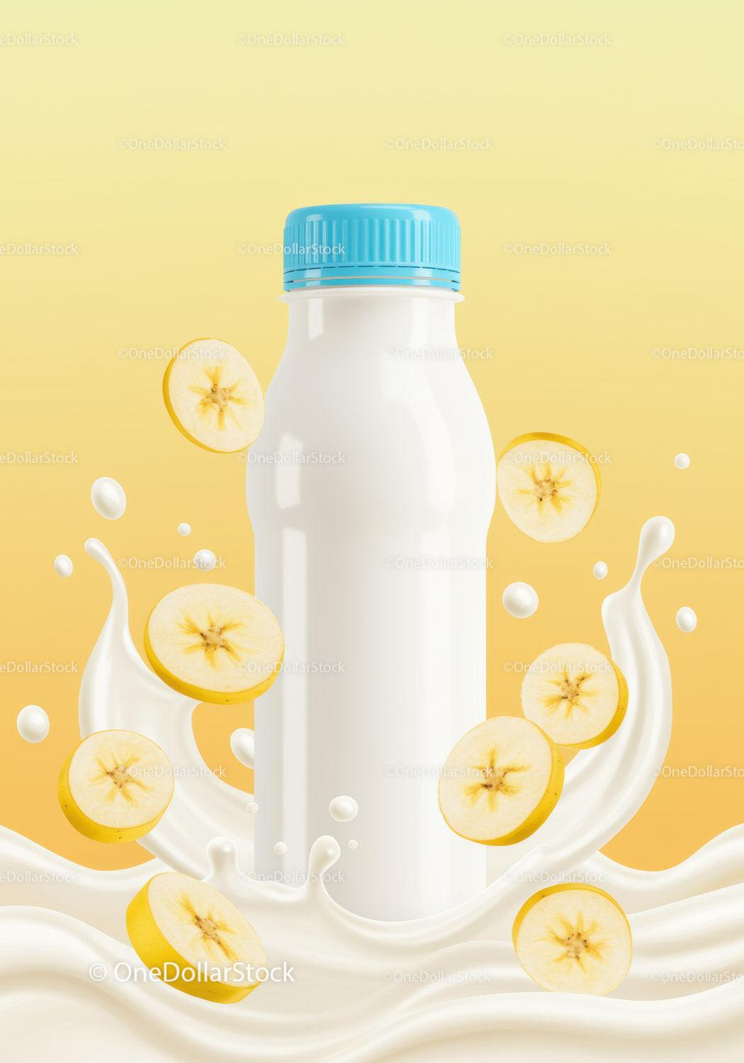 Banana yogurt splash with blue capped bottle JPG Mockup Image preview