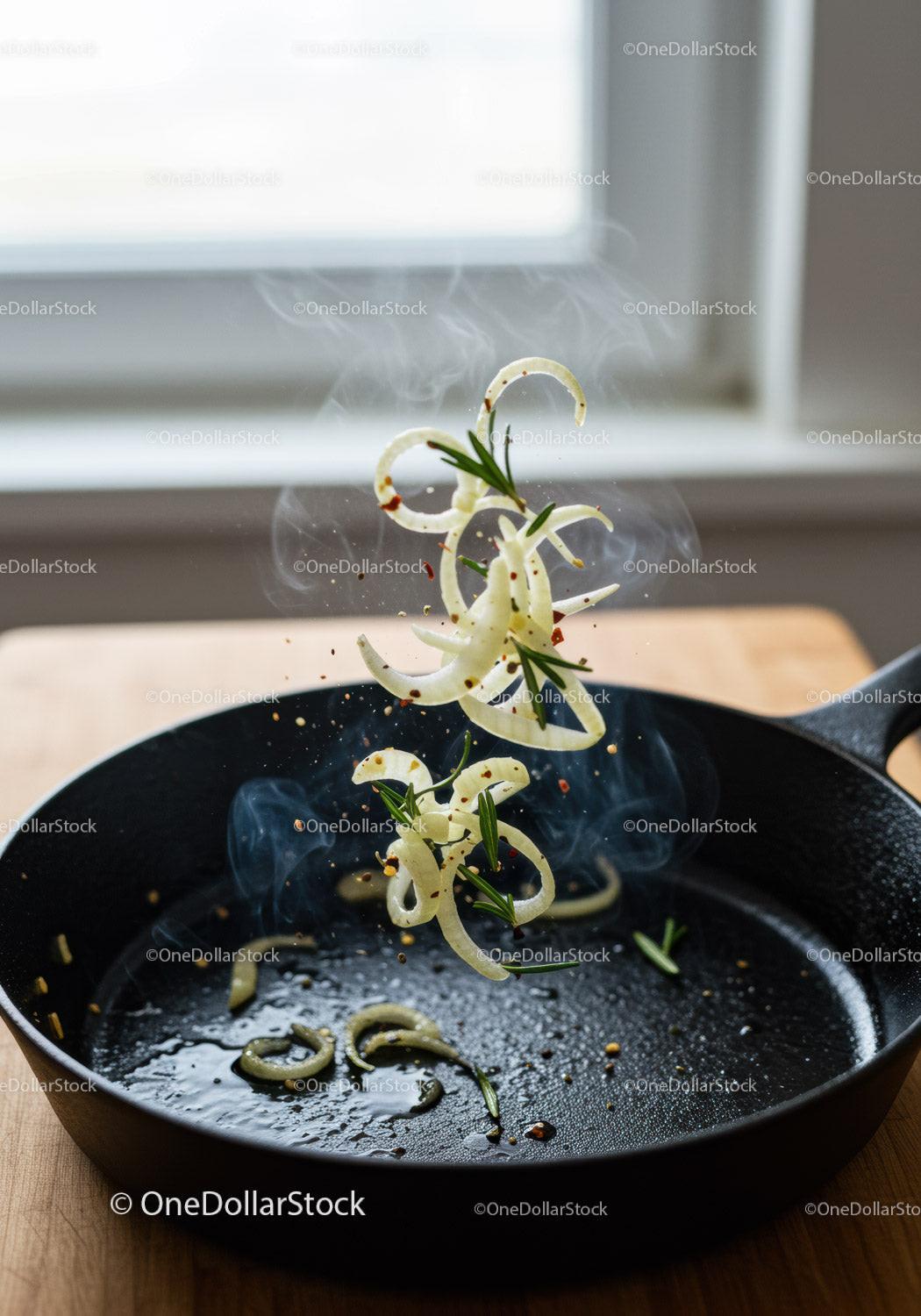 Sautéing Onions with Fresh Rosemary in Cast Iron Pan