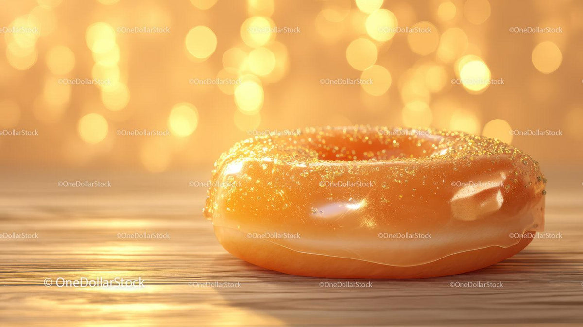 Glazed donut with golden sprinkles on wooden surface under warm glowing lights
