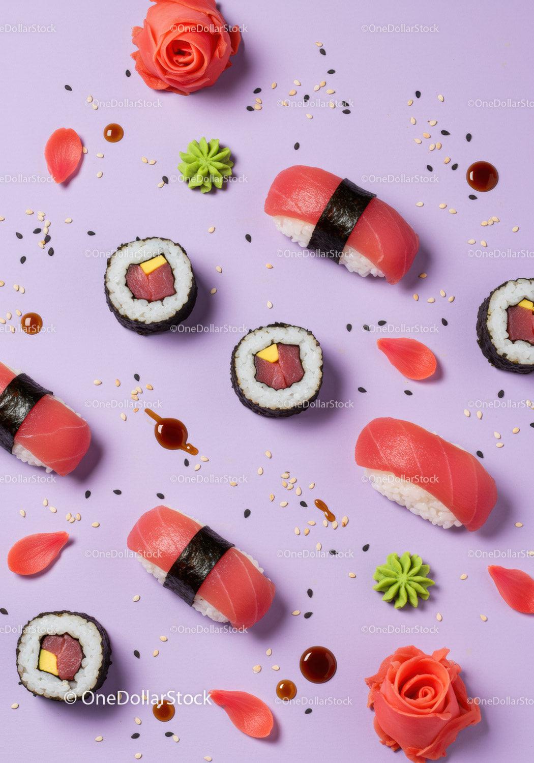 Sushi and decorative roses on purple background