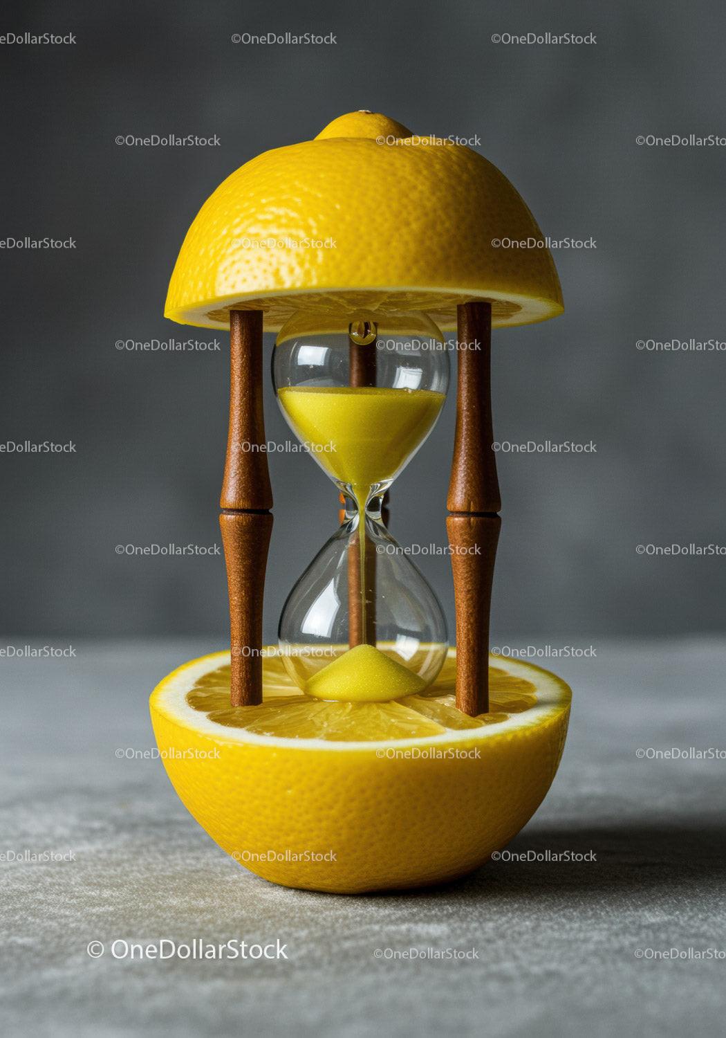 Creative hourglass with lemon halves and yellow sand