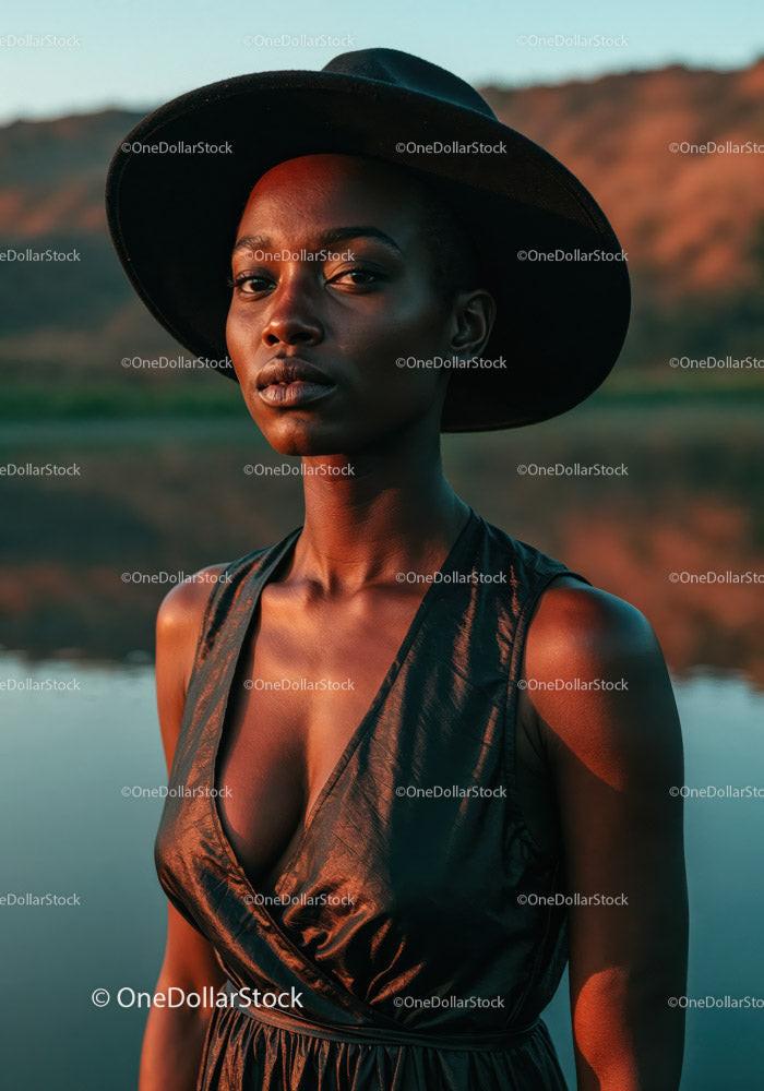 Elegant Woman in Black Dress with Scenic Water and Sunset Background