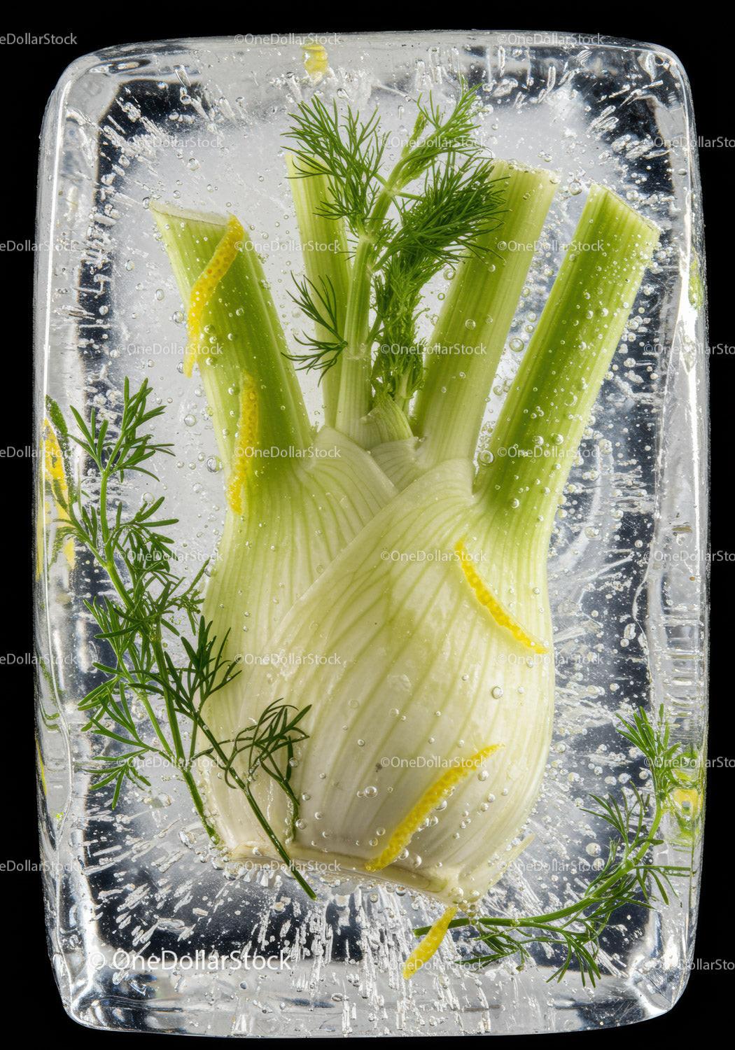Fresh fennel bulbs with dill frozen in ice block