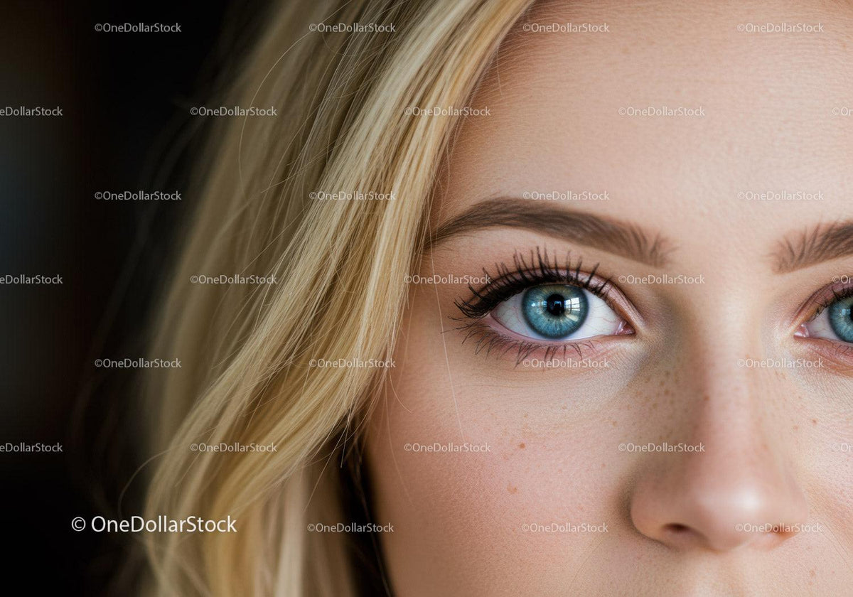 Close up of blue eyes with natural blonde hair