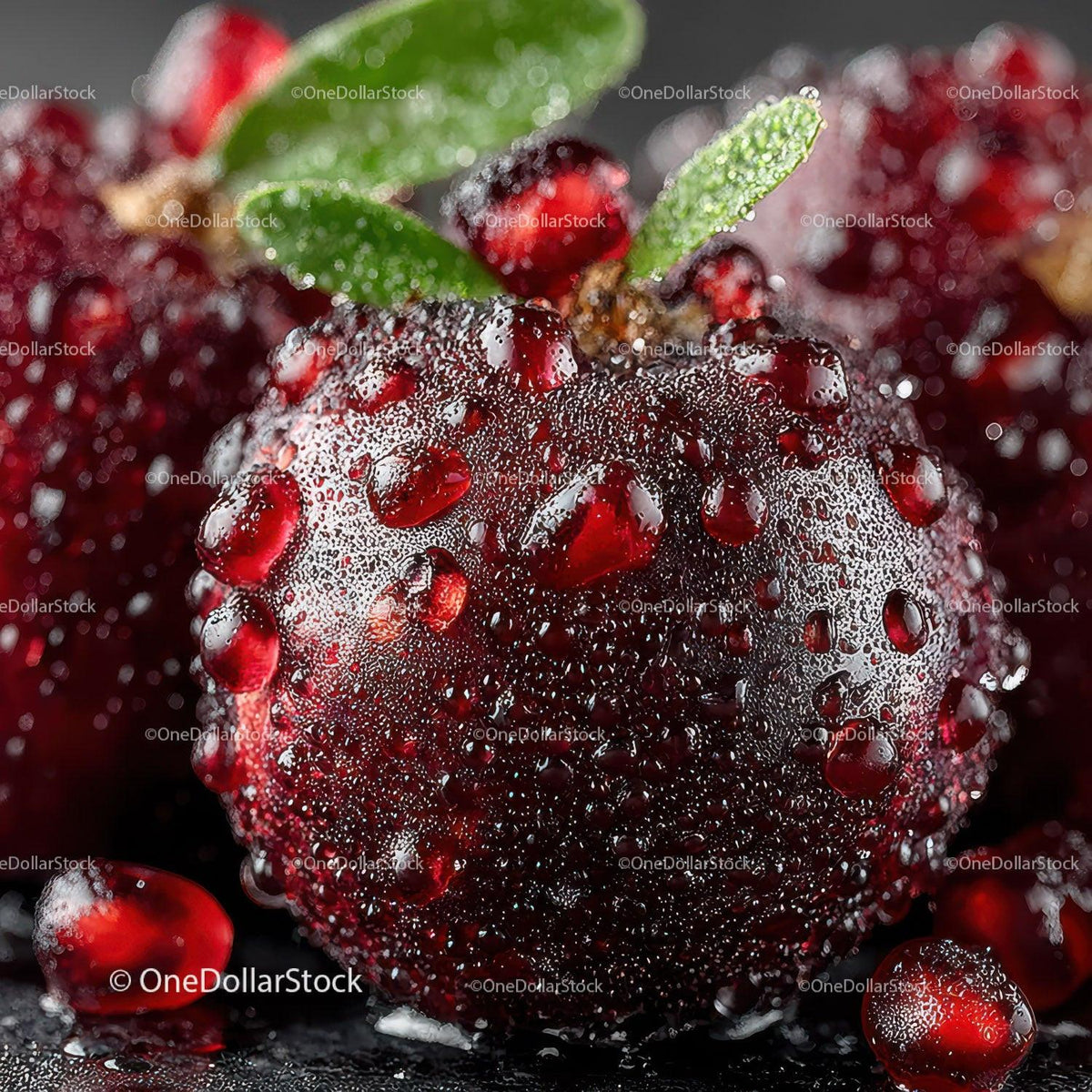 Close-Up of Dewy Red Forest Berries with Green Leaves