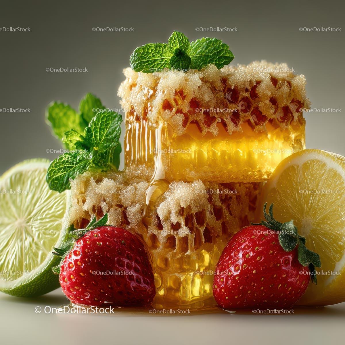 Fresh Honeycomb with Strawberries and Lime Garnish Stock Photo Bundle preview 8