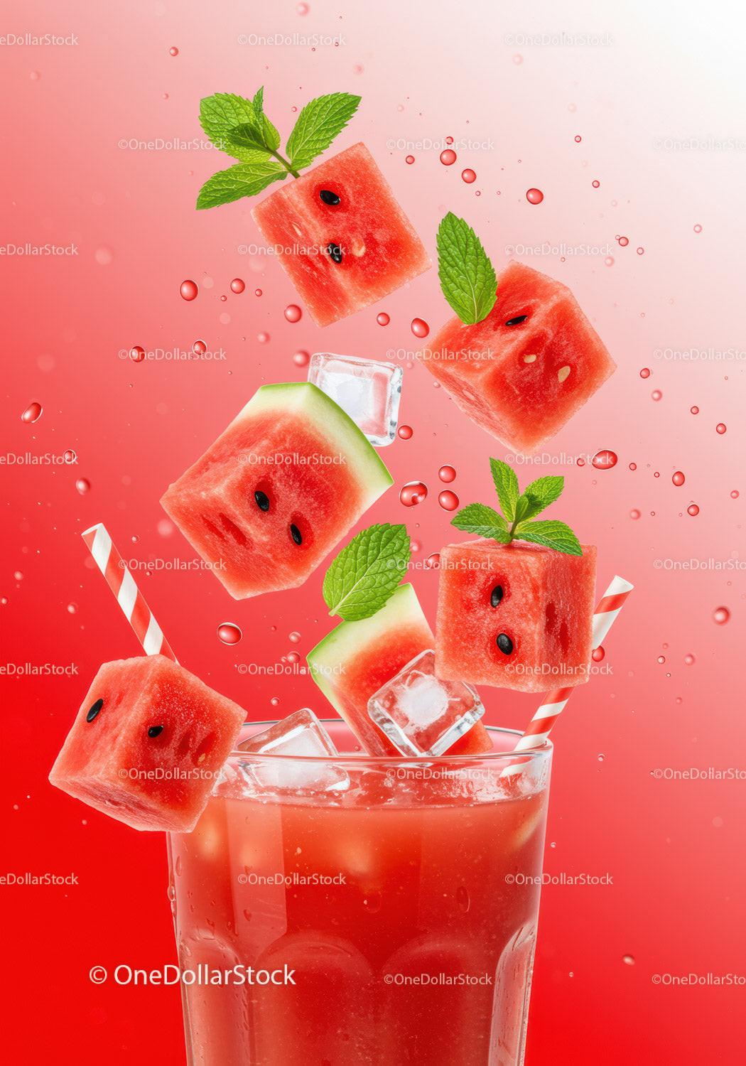 Refreshing Watermelon Juice with Ice and Mint Leaves