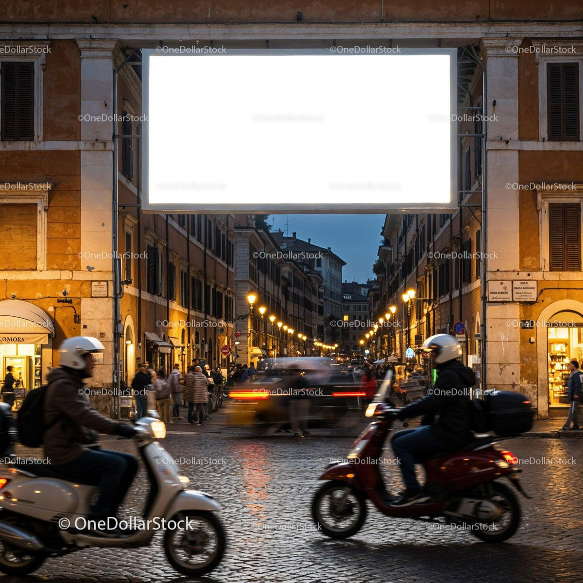 Evening scooters crossing a lively European street JPG Mockup Image preview