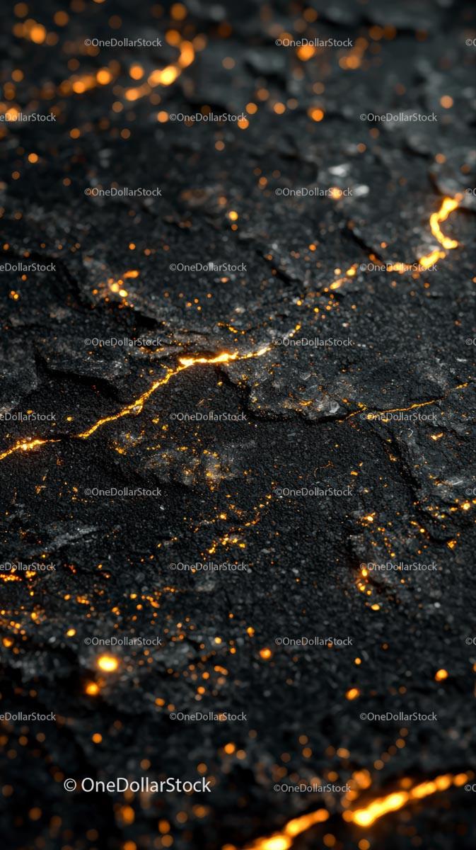 Dark Volcano Surface with Glowing Lava Cracks and Fissures