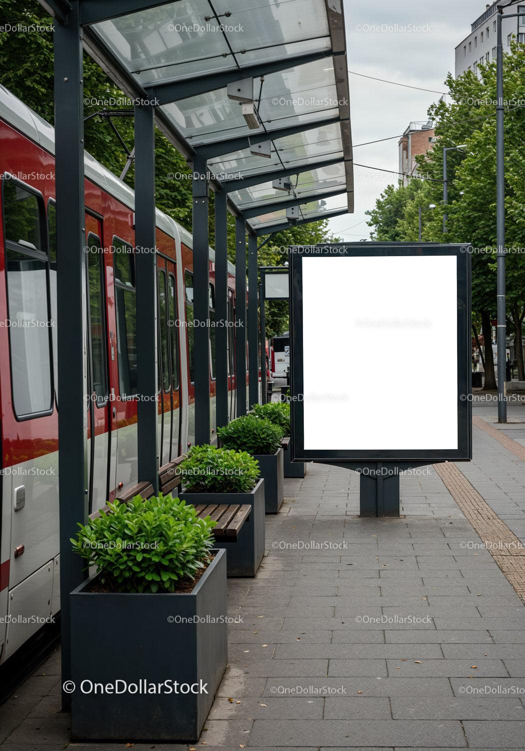 Urban tram stop with modern glass shelter and greenery JPG Mockup Image preview