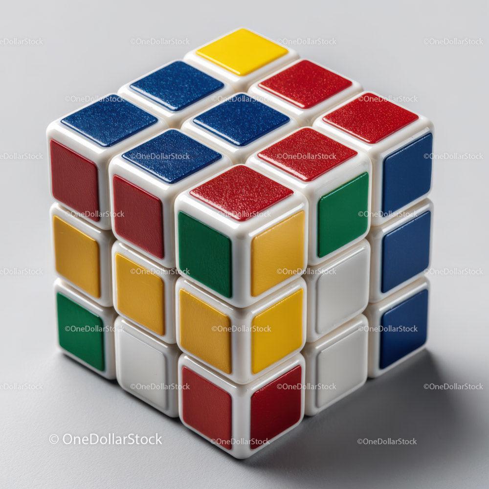 3x3 puzzle cube with red blue yellow green and white textured tiles on gray background
