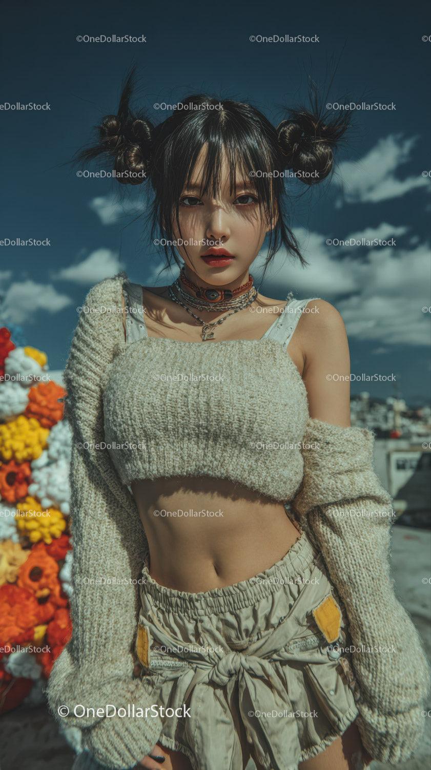 Edgy Young Woman in Summer Street Style with Playful Hair Buns