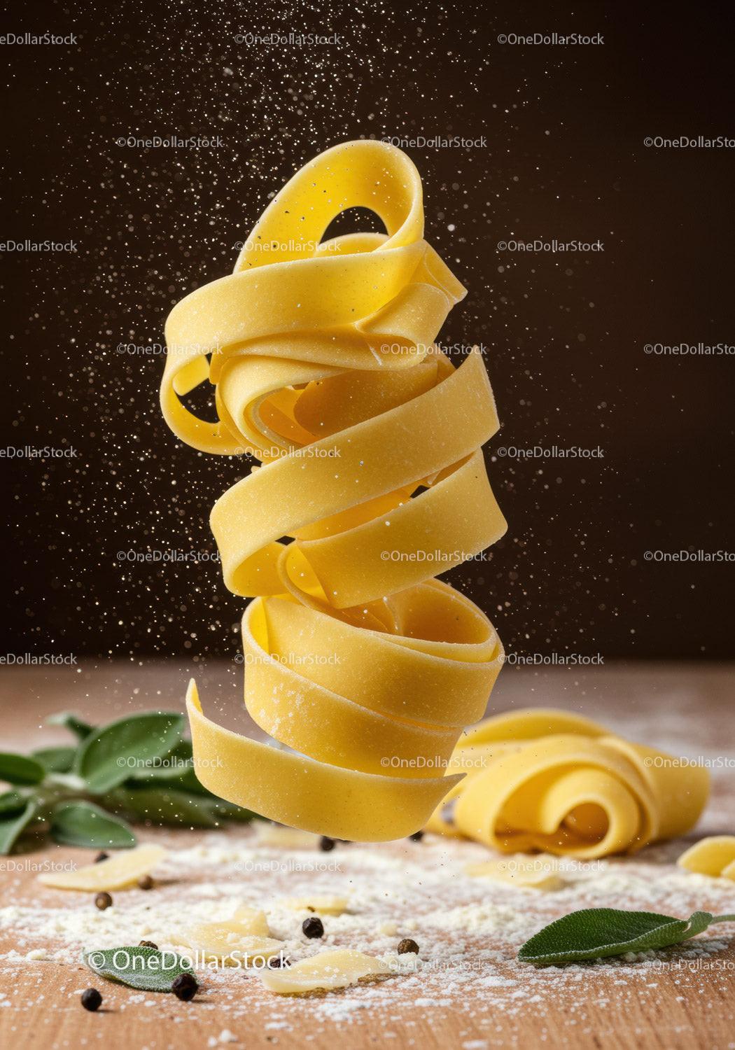 Flying nest of fresh tagliatelle pasta with herbs and flour