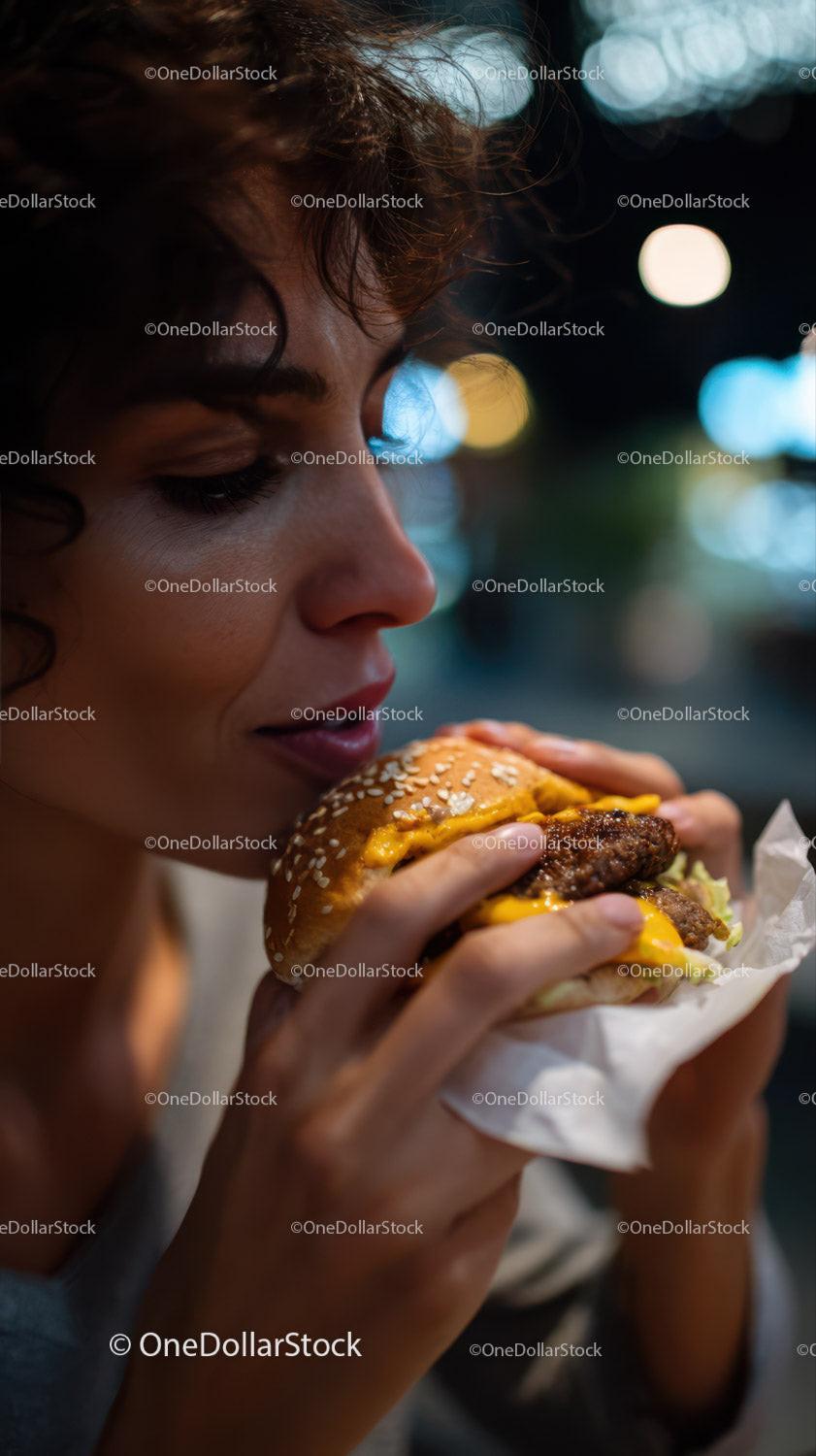 Close-up Of Woman Savoring Juicy Cheeseburger In Night City