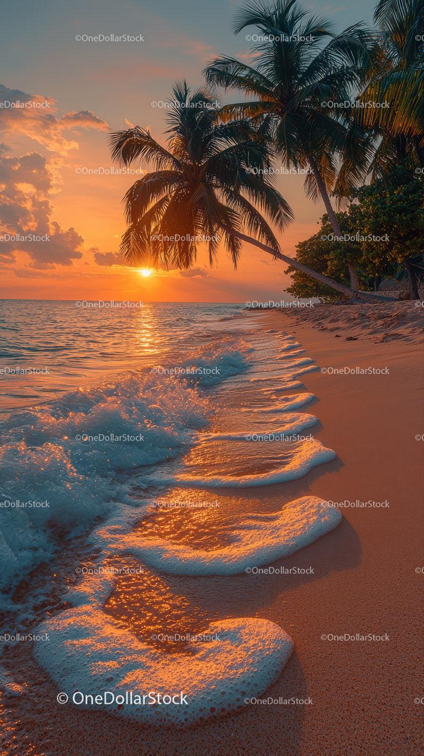 Sunset over Tropical Beach with Palms and Ocean Waves